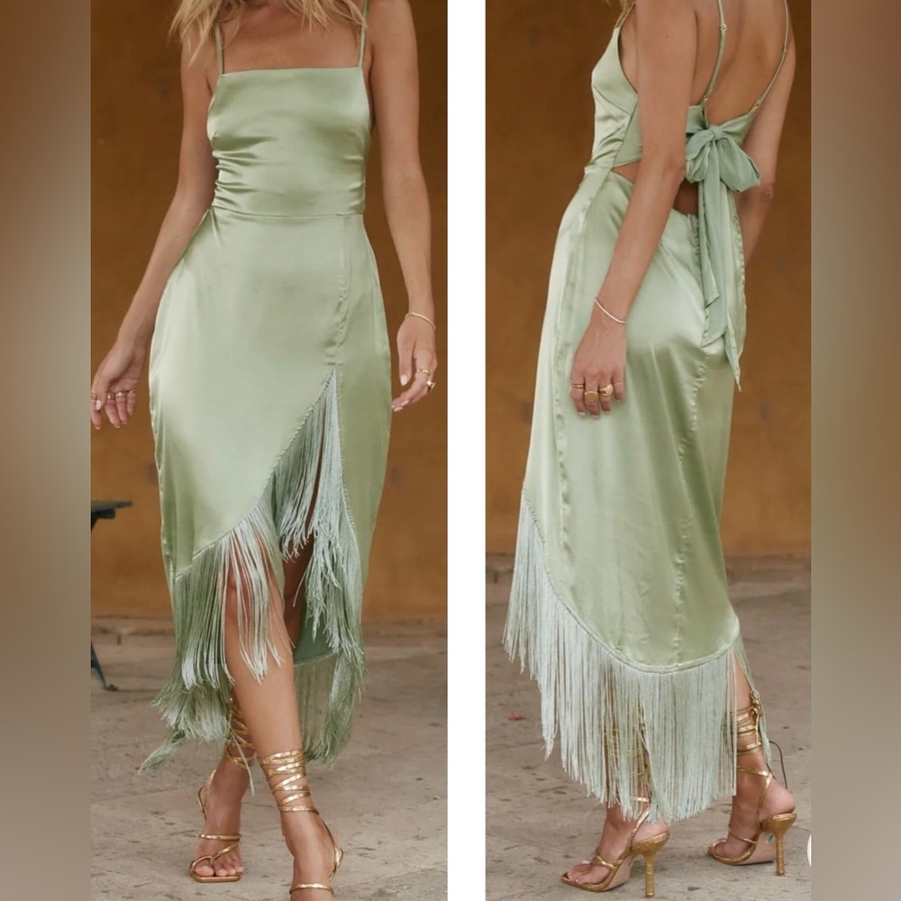 12th Tribe Monet Sage Fringe Satin Maxi Dress